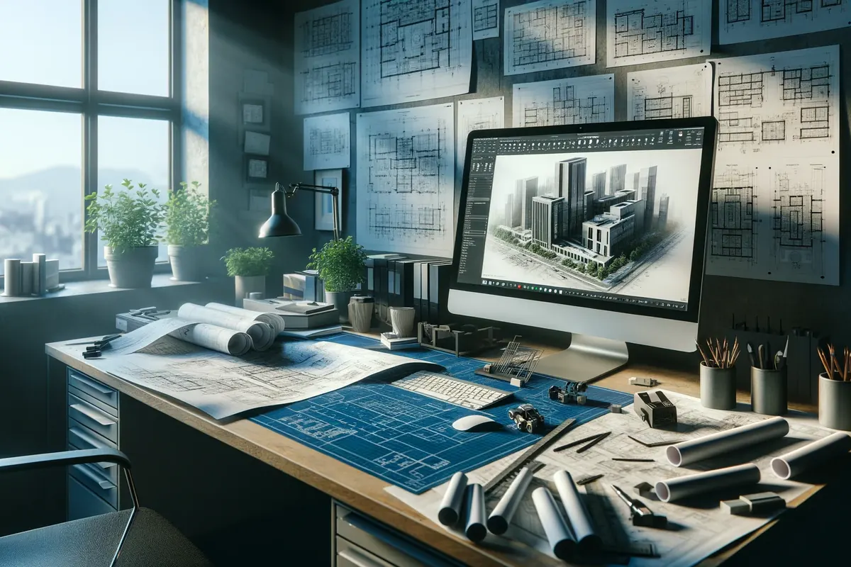 Illustration: study with floor plans on the wall and a building drawing on the desk