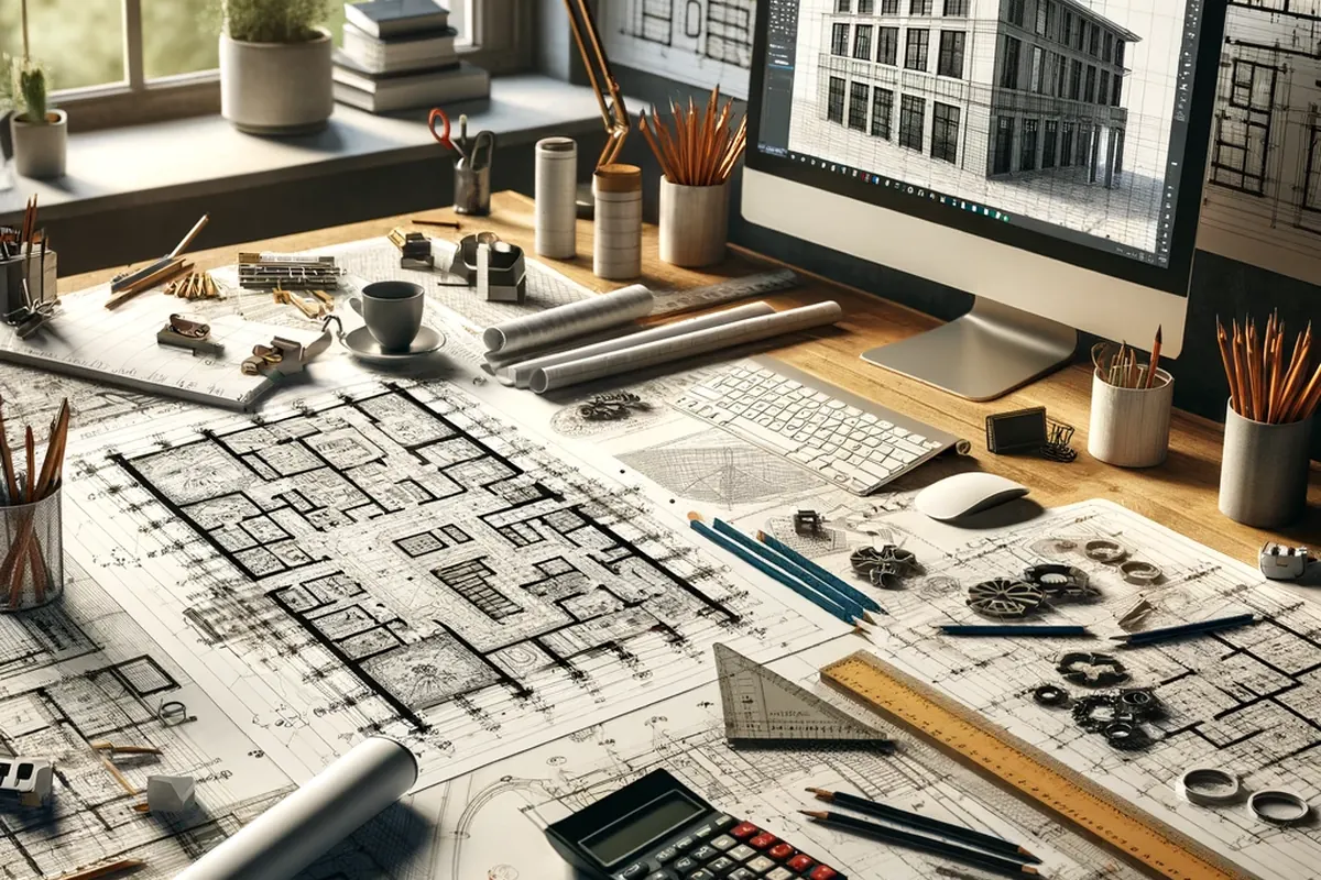 Illustration: drawing table with floor plans, a calculator and a monitor showing a facade design