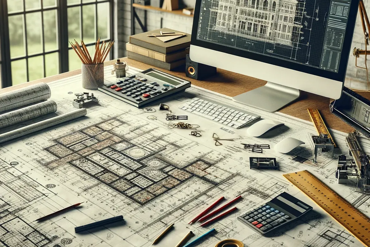Illustratie: tekeningen met maatvoering, liniaal en rekenmachine op een werktafel