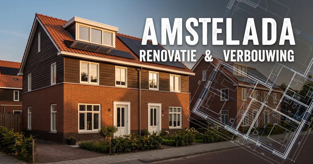 Illustration: terraced houses with a dormer and solar panels, with a floor plan and the text Amstelada renovatie en verbouwing