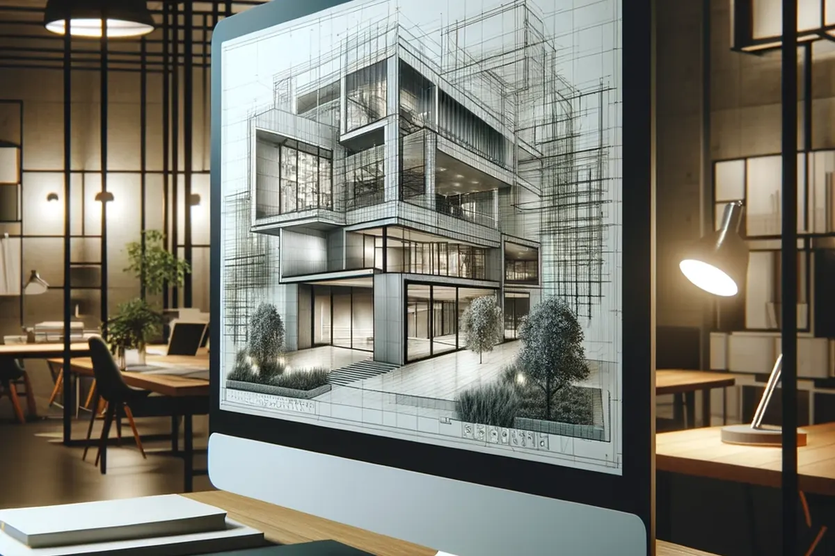 Illustration: monitor showing a sketch design of a building