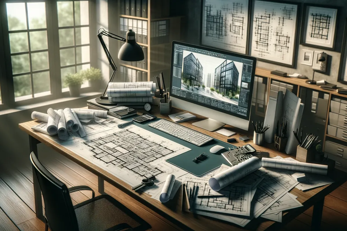Illustration: workspace with unrolled building drawings and a monitor